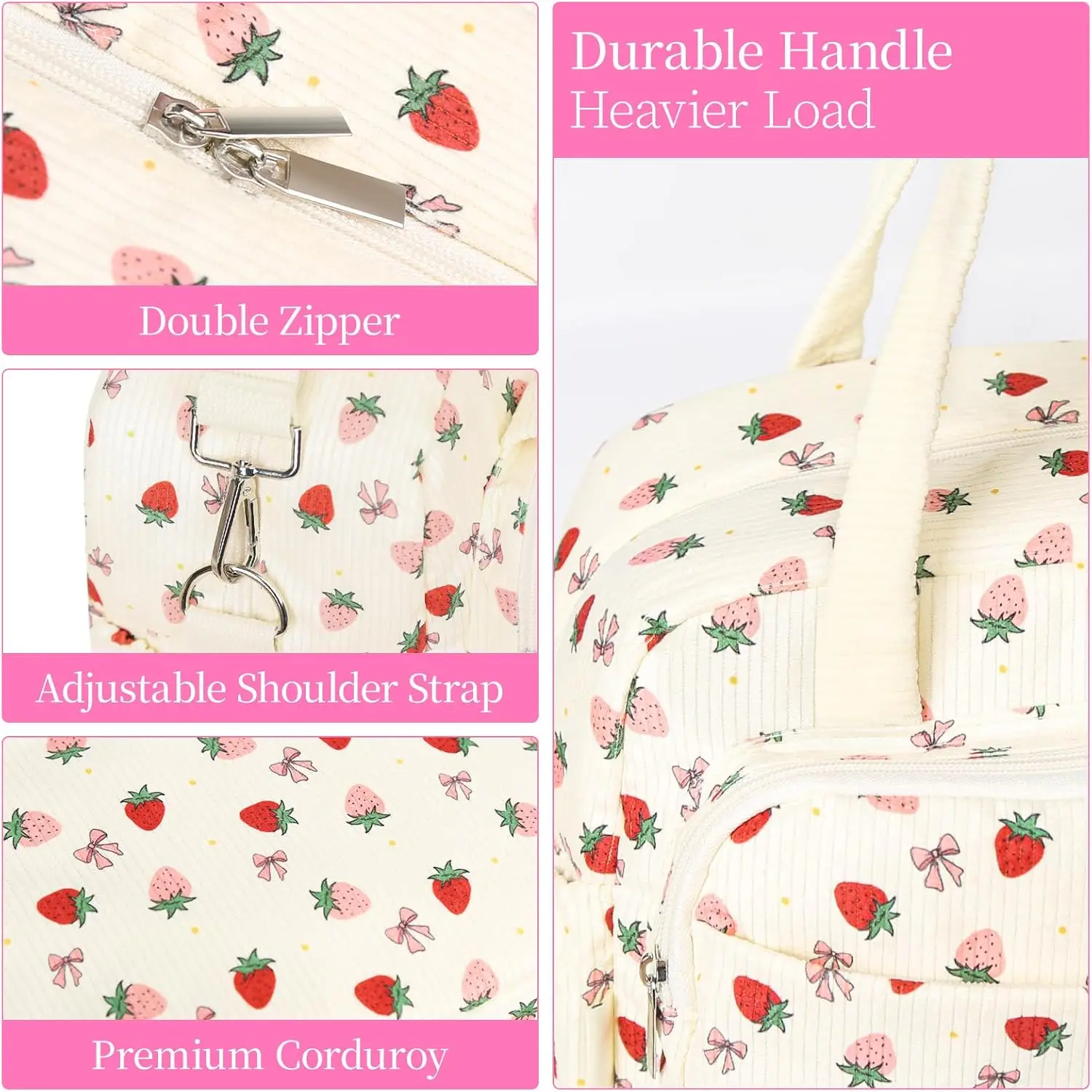 Insulated strawberry Corduroy Lunch Tote Cute Lunch bag with Shoulder Strap, Multiple Pockets, Adult Teacher Nurse