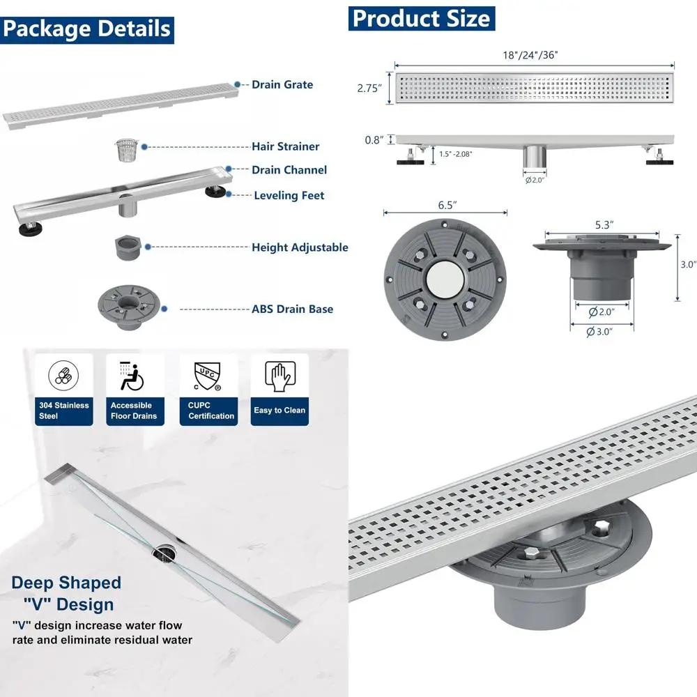 

36 Brushed Stainless Steel Shower Drain with Quadrato Grate and Hair Catcher