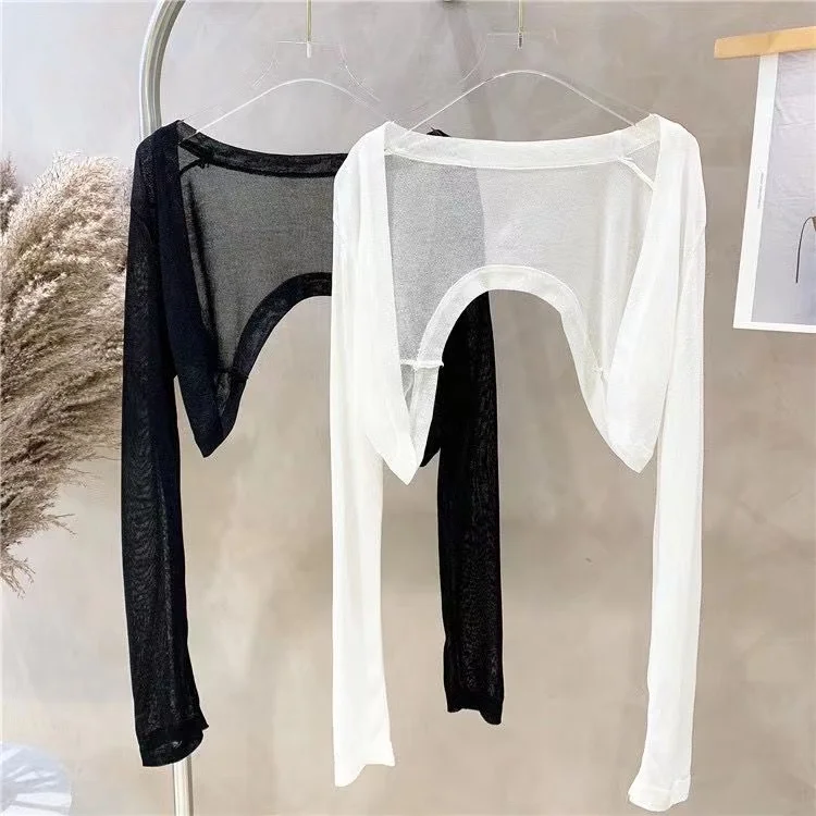 

Summer New High Waist Ultra-Short Knitted Open Cardigan Thin Loose Shoulder Wrap Top Women Long Sleeve Sun Protection Coat