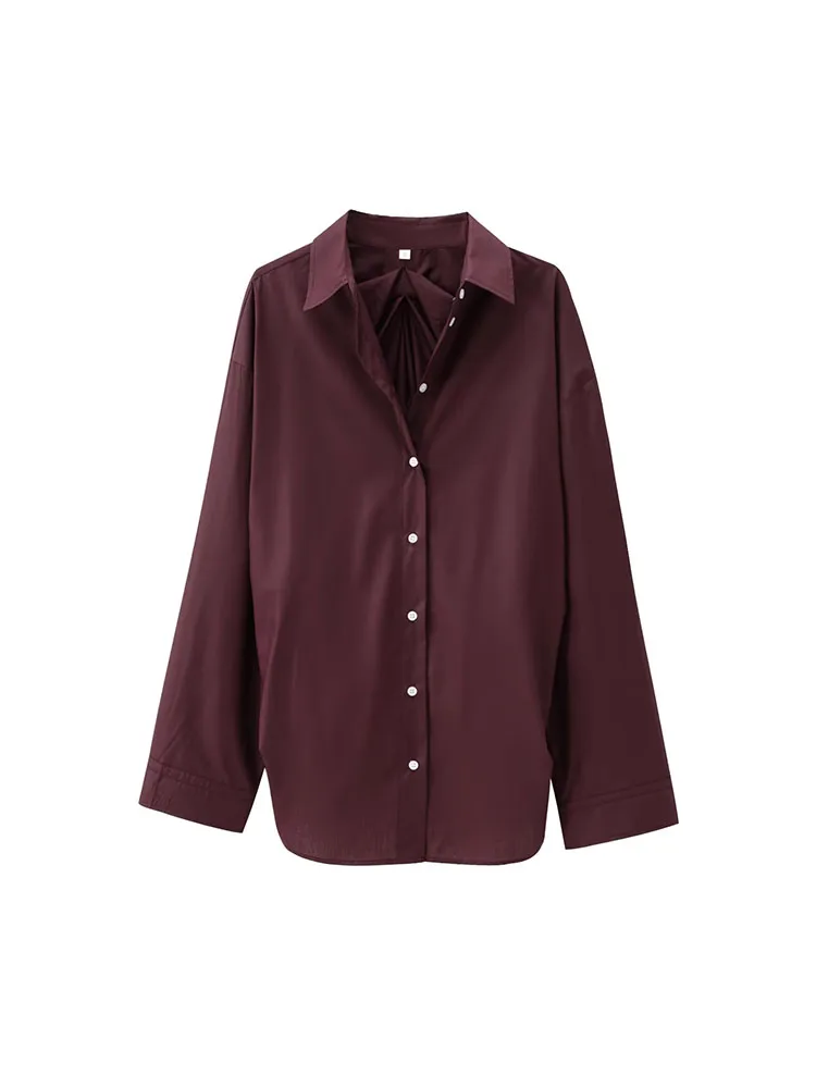 

2024 women's European and American fast fashion versatile back pleated casual loose shirt 2024 autumn new