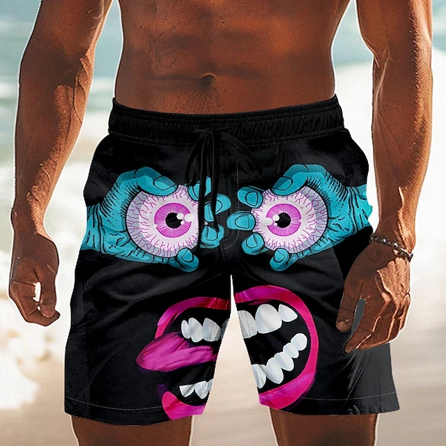 Men's Cartoon Smile Face Big Eyes Beach Shorts Funny Outdoor Vacation Daily Side Board Shorts Summer Quick Drying Ice Shorts
