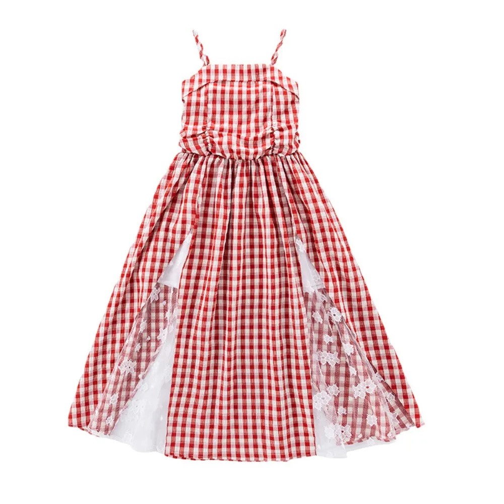

Breathable Suspenders Children Plaid Dress Ruffled Princess Kids Grid Long Dress Red Long Girls Patchwork Skirt Spring Summer