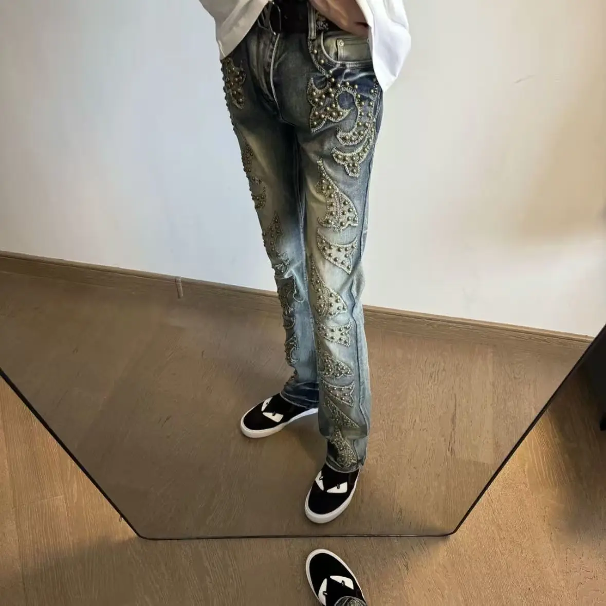 Men's Rivet Jeans Punk Sweatpants Summer Cowboy Casual Cool Boys Pants High Waist Bottoms Male Straight Ankle-length Trousers