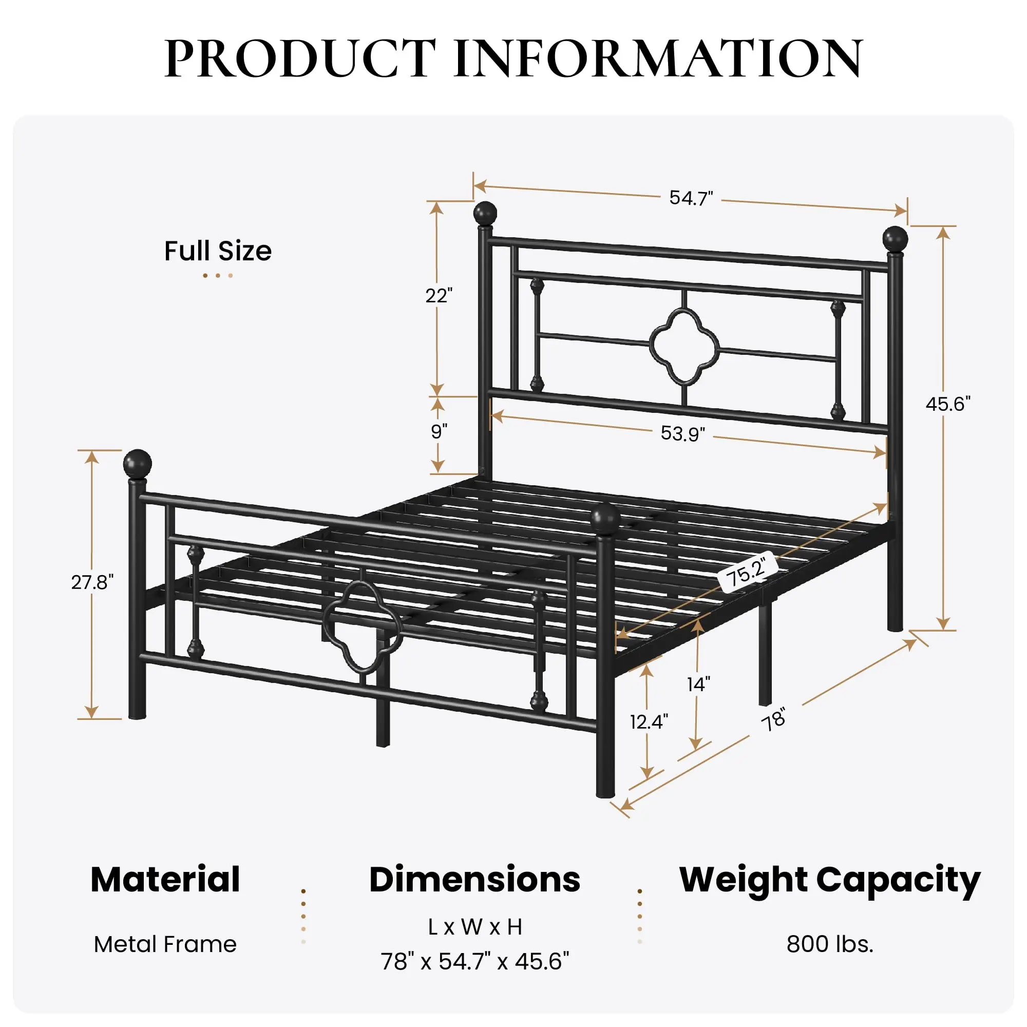 14 Inches Full Size Metal Platform Bed Frame/Vintage Iron-Art Headboard and Footboard/Mattress Foundation for