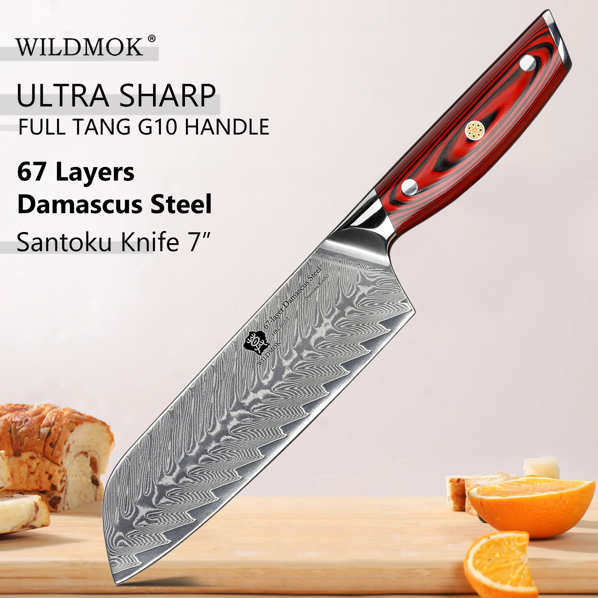 

WILDMOK Damascus Santoku Knife, 7" Sharp Professional Meat Knife, Japanese Super VG10 Steel with Full Tang G10 Handle