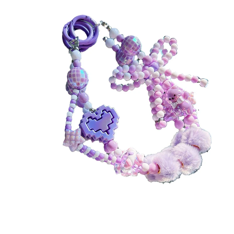 Cartoon Bear Plush Phone Chain Beaded Bow Heart Phone Strap Bag Pendant Keychain