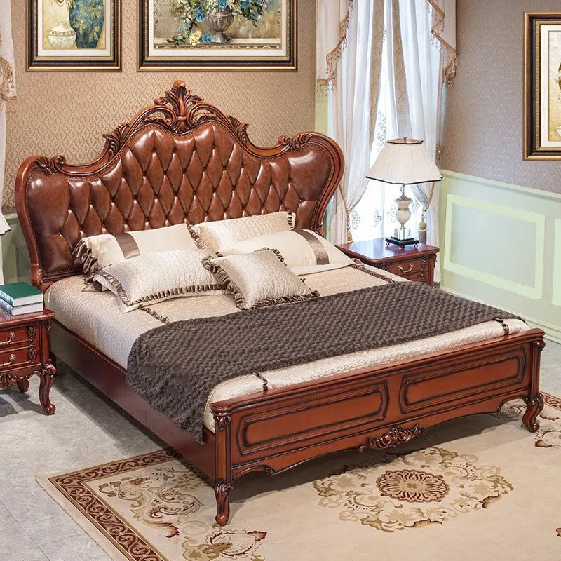 European double leather bed American court imported first layer cowhide bed solid wood carving flower bedroom wedding classical
