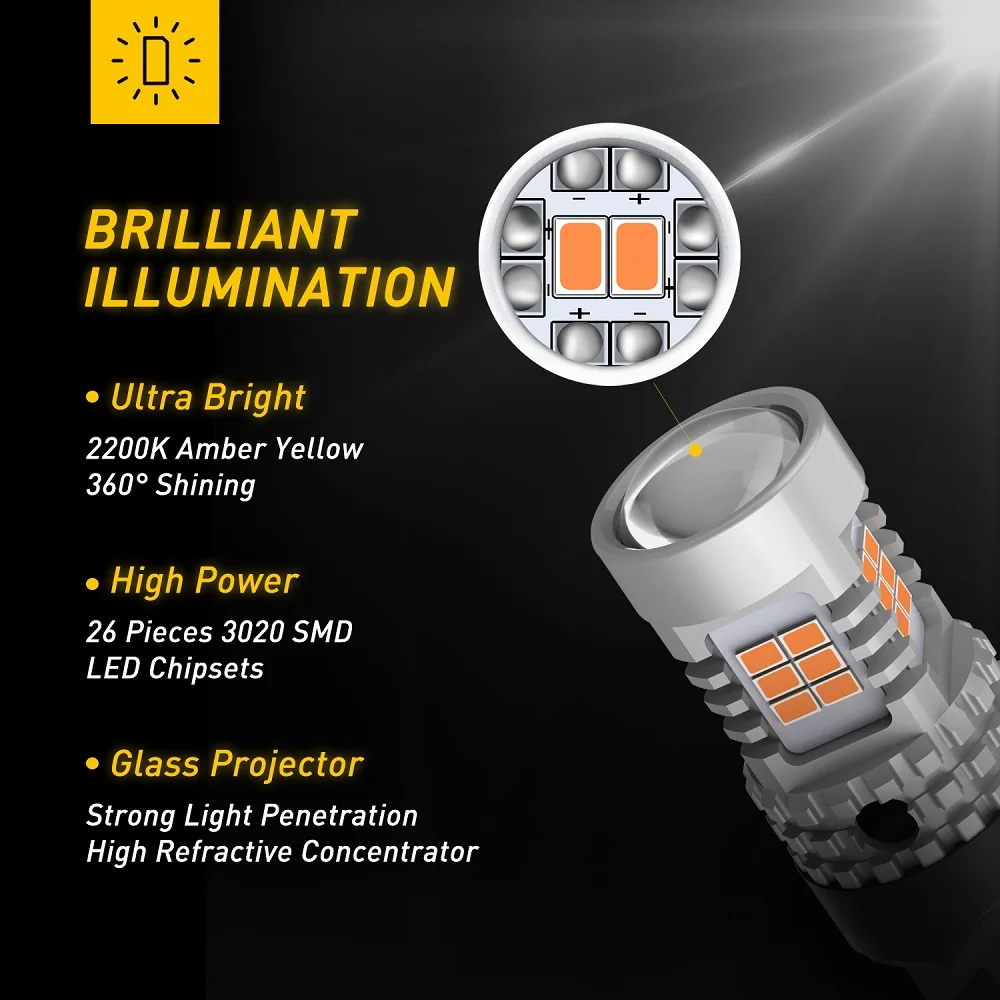 AUXITO 2Pcs 7440 W21W WY21W LED Turn Signal Light Amber 7440NA T20 LED Bulb Indicator Lamp CANBUS Error Free No Hyper Flash 12V