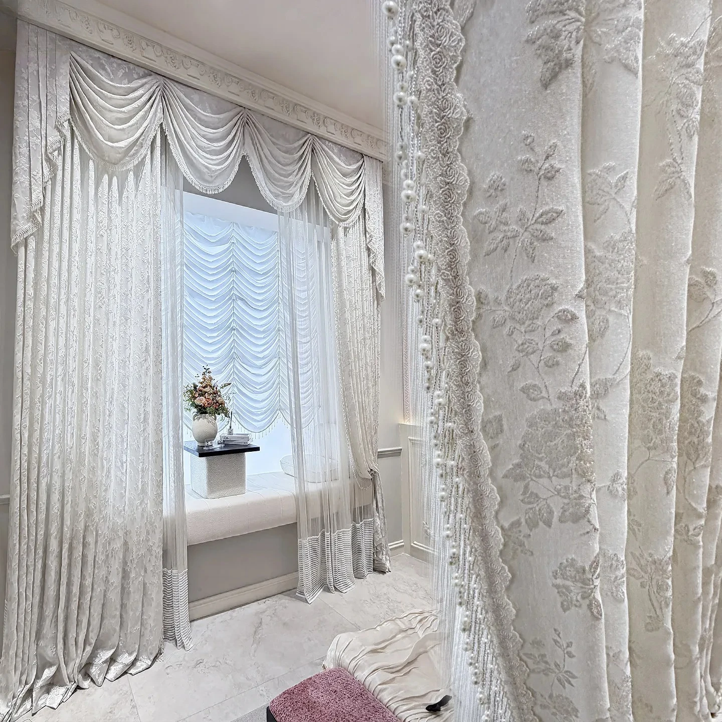 New French Cream Beige Jacquard Screen Pearl Curtains for Living Room Bedroom Balcony Customized French Window Valance