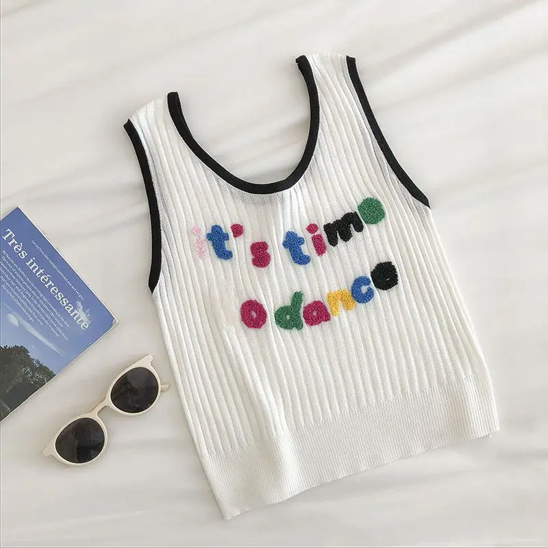 Ribbed Tank Top Crop Top Women\'s Short Cute Graphic Knit Kawaii T-Shirts Vest Summer Ladies Sleeveless Rainbow Letter Top Female