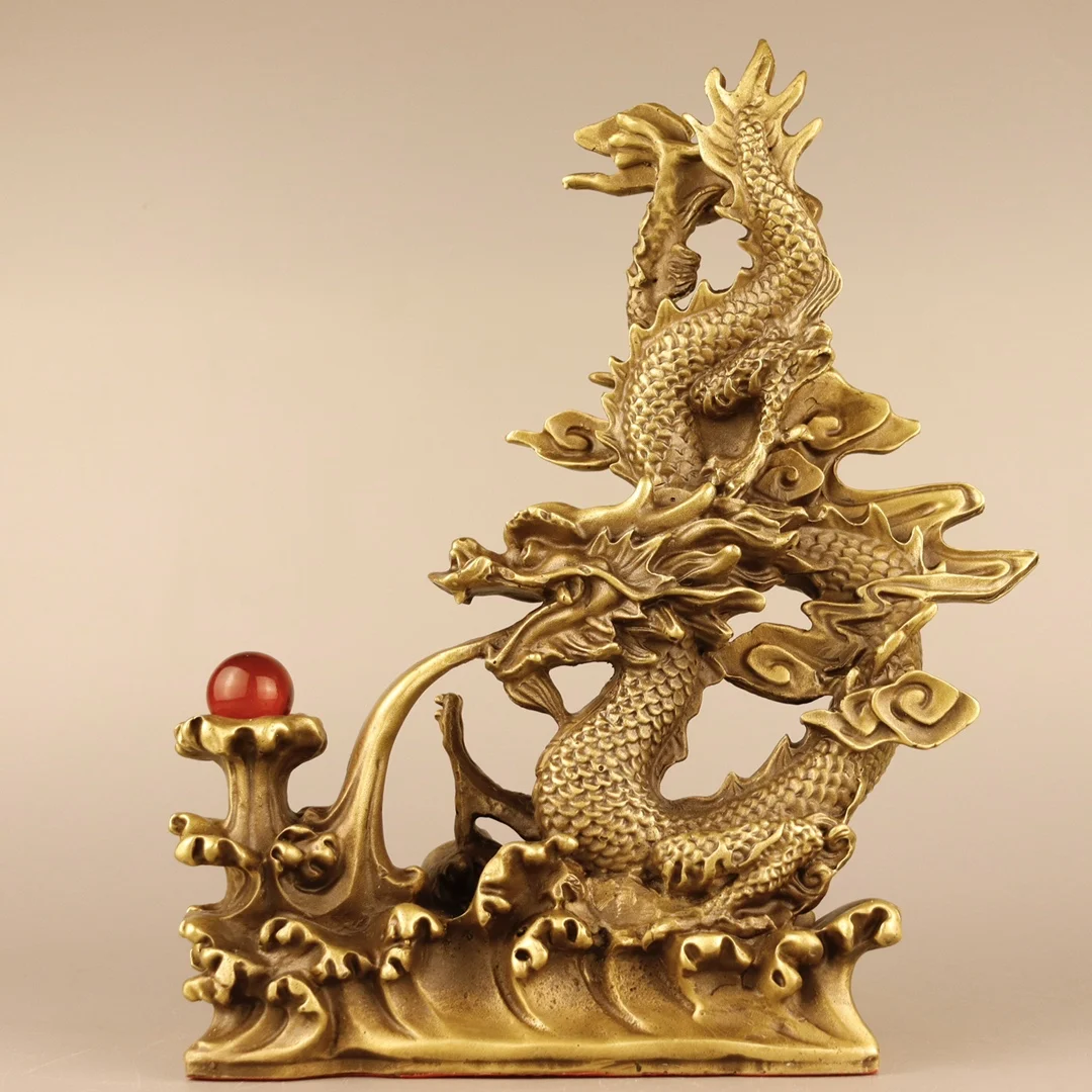 

11"Tibetan Temple Collection Old Brass Chinese Dragon Two Dragons Play bead statue Amass wealth Ornaments Town house Exorcism