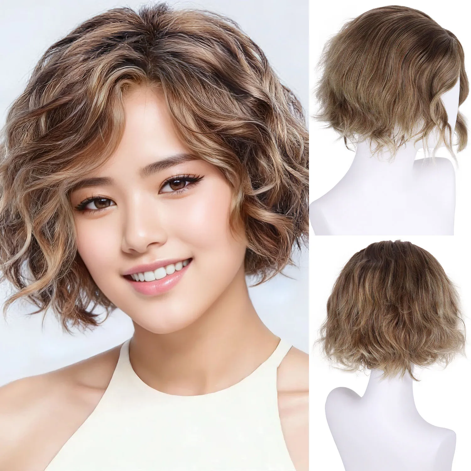 

12-дюймовые короткие смешанные коричневые парики Синтетический волнистый парик Вьющийся термостойкий парик с боковой челкой для женщин и девочек Ежедневное использование на Хэллоуин