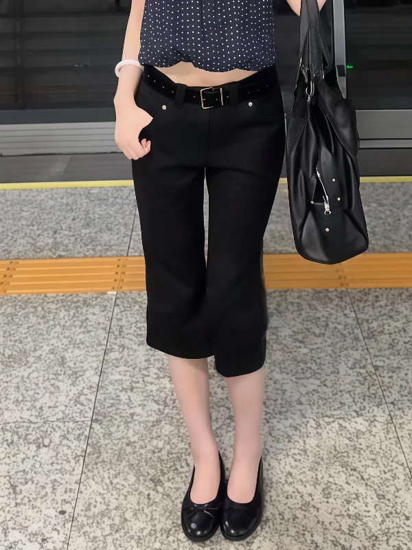 American Retro Low Waist Early Seven-Quarter Black Capri Pants Women Summer Millennium Hot Girl Slimming Micro Flared Medium-... - view 4