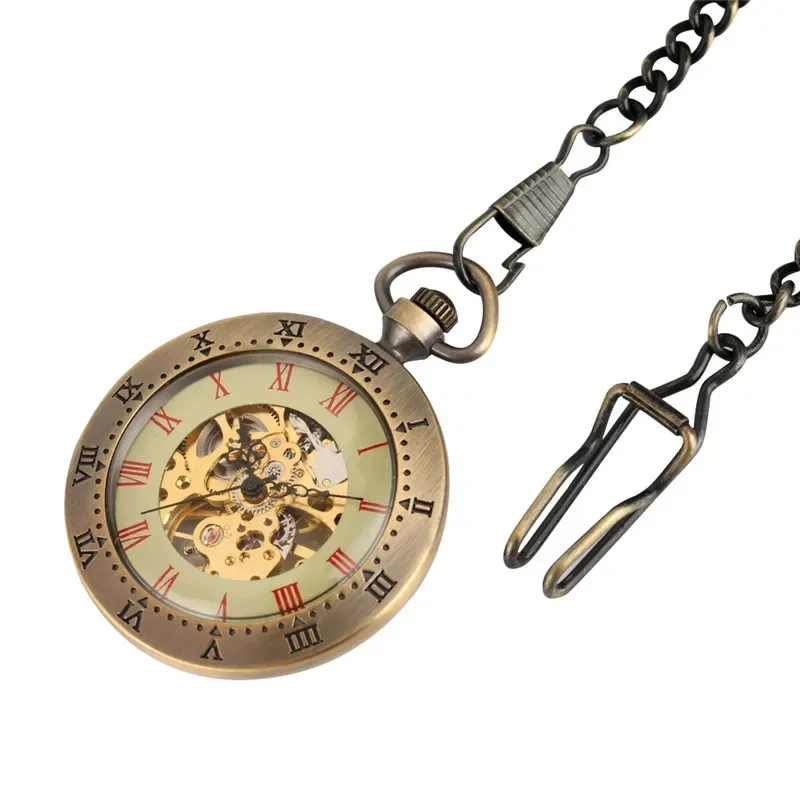البرونزية الأرقام الرومانية عرض للجنسين Handwinding الميكانيكية ساعة الجيب سلسلة بدلاية الهيكل العظمي ساعة للرجال النساء هدية Reloj
