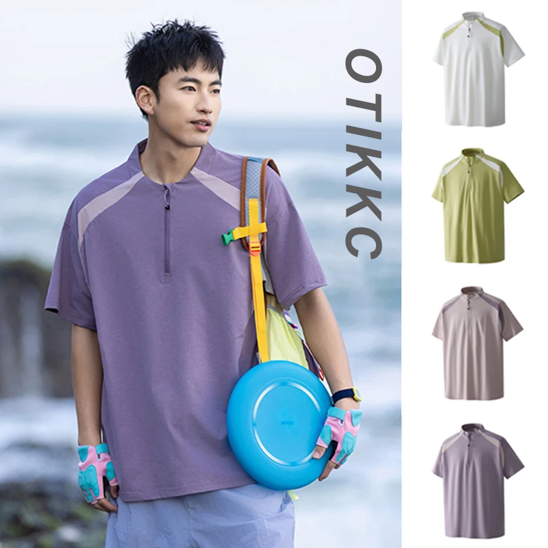 color-blocked-quick-drying-half-zip-short-sleeved-men's-summer-outdoor-fashion-versatile-sports-tops