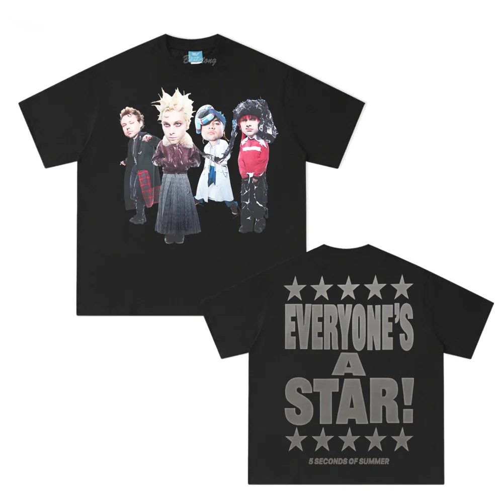 الجميع نجم! تي شيرت 2025NEW تي شيرت بنفس النمط 5 ثانية من الصيف 100% قطن تريند مريح تي شيرت عالي الجودة