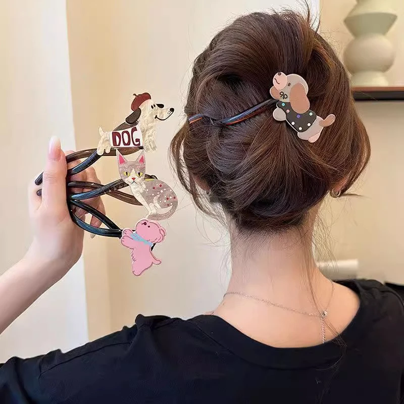 Cartoon Cute Dog Cat Twist Clip Exquisite Ponytail Hair Clip Fashion All-match Hairpin For Women Back Of Head Hair Accessories