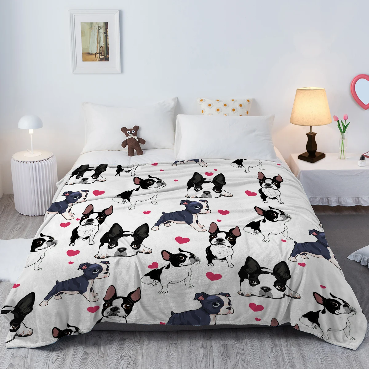 Funny Pug Dog Blanket Cute Pug Dog with Erect Ears Design Flannel Fleece Throw Blanket Soft Blanket for Bed Couch Sofa Chair