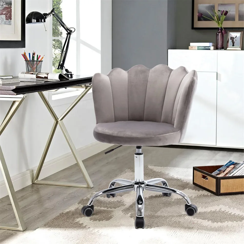 

Office Chair, Modern Cute Shell Back Upholstered Desk Chair for Vanity, Adjustable Swivel Task Chair Gray Velvet Computer Chair