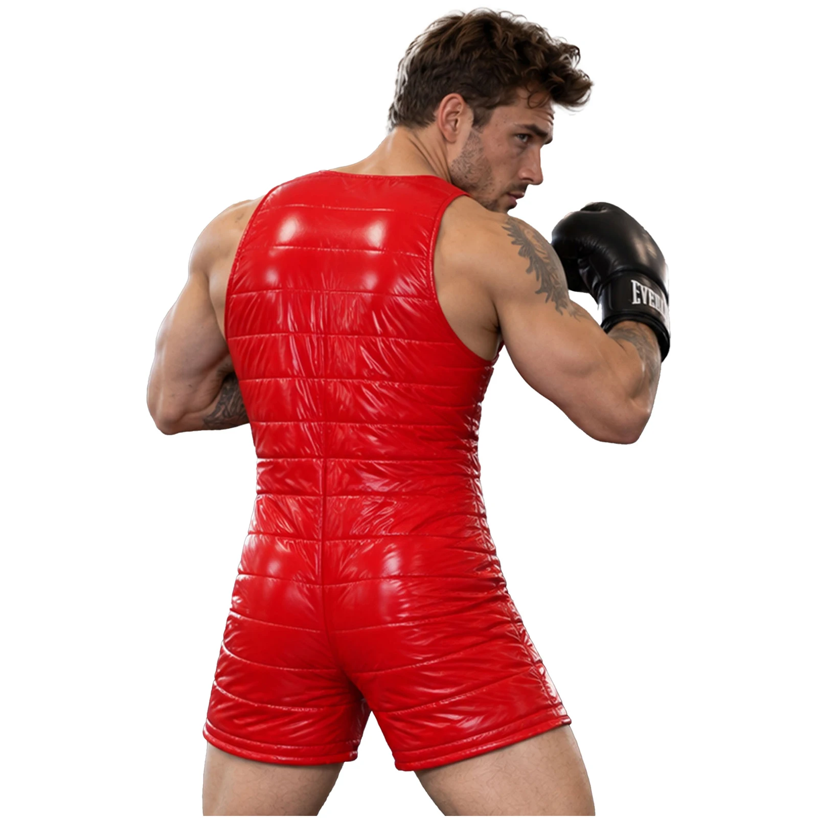 Men Waterproof Quilted Padded Bodysuit Diaper Cover Sleeveless U Neck Zipper Front Thigh Length Jumpsuit for Club Outdoor Sports