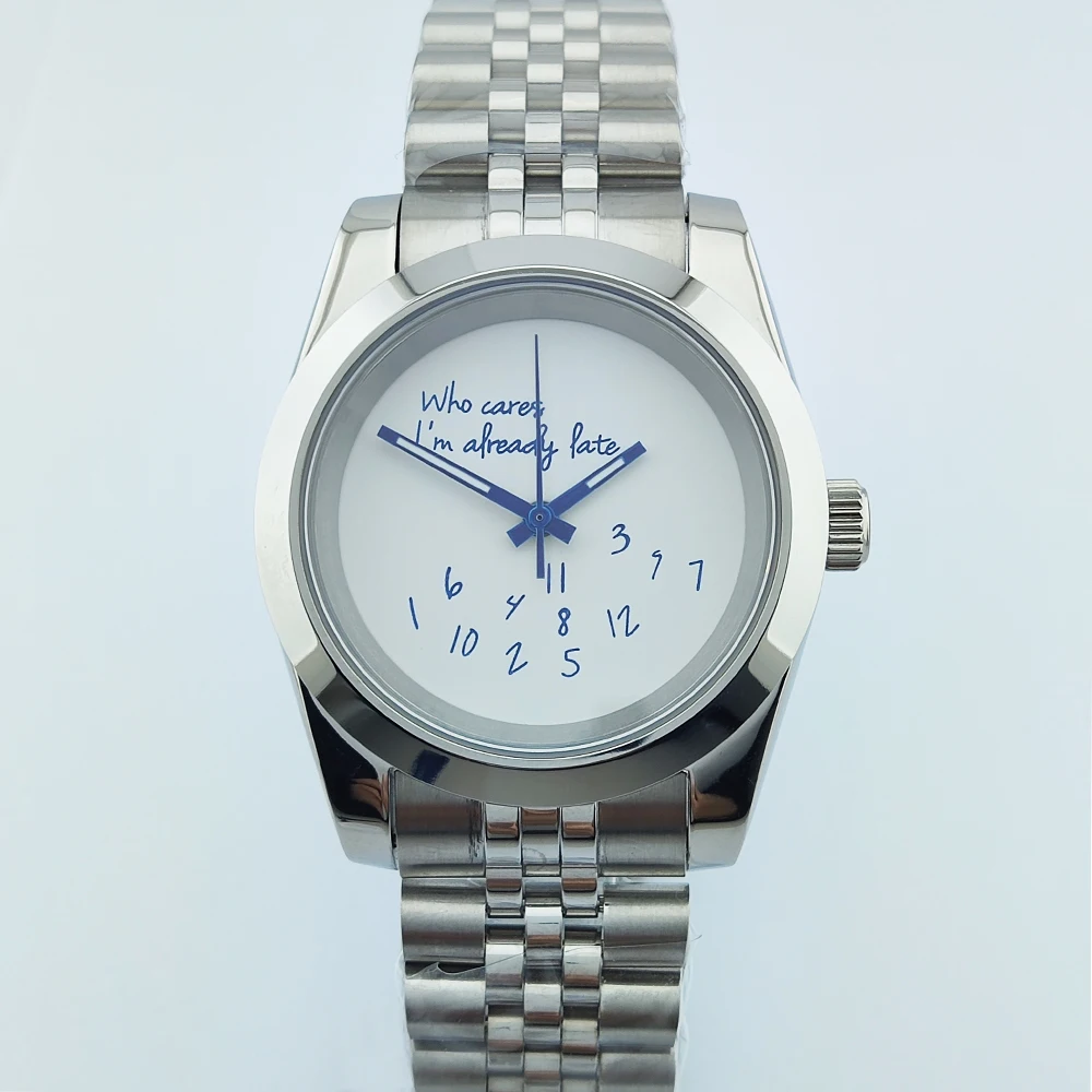 39mm nh35 Watch Men Watch No Logo Blue Text Dial Watches for Man Sapphire Crystal Glass Automatic Movement