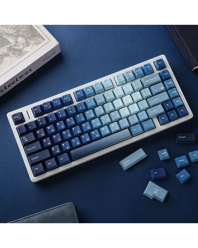 Ocean double engraving light transmission Pbt original full set of keycaps Korean Russian German Western grammar Arabic