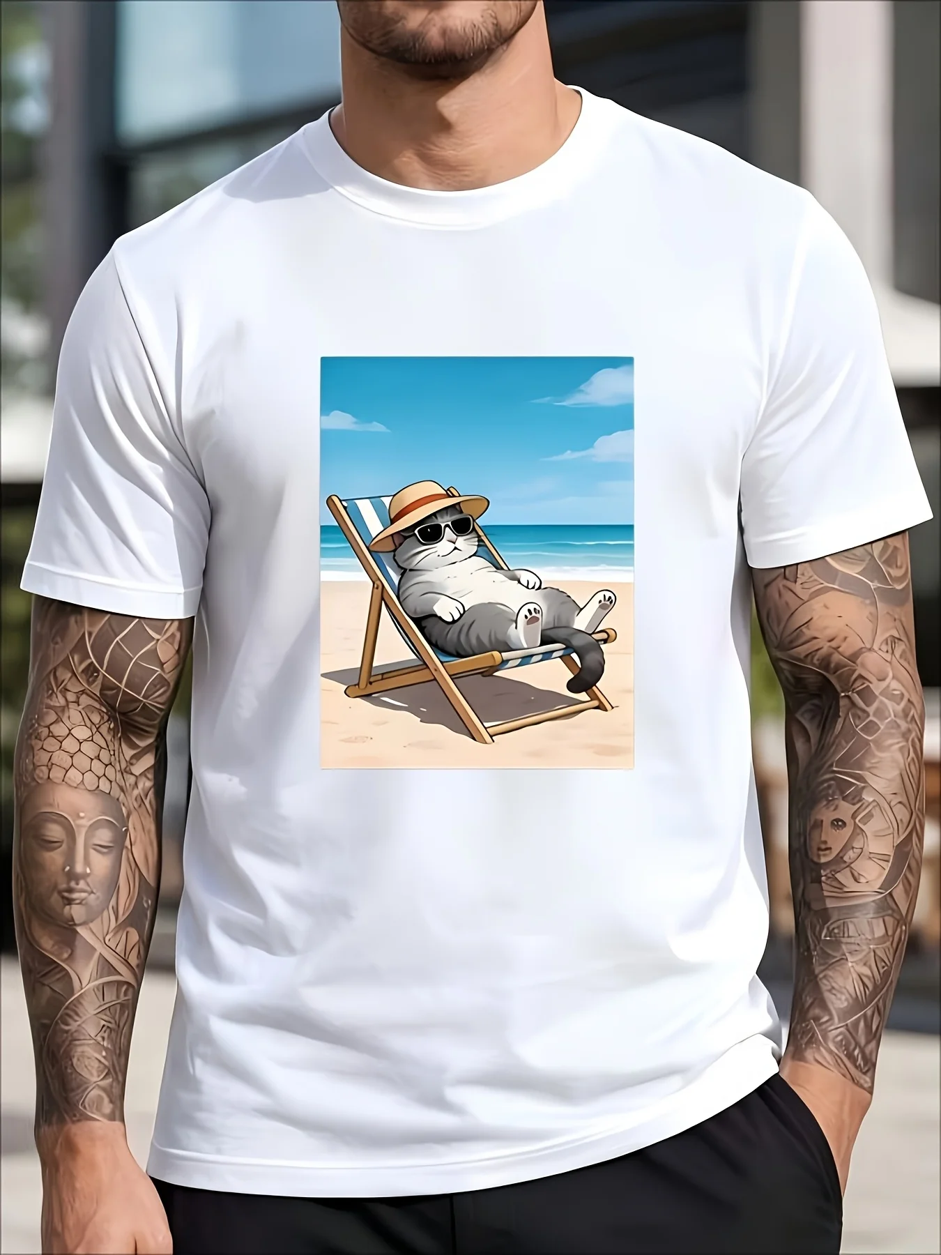 Men's Short-Sleeved T-Shirt Available in Black and White, Beach Lounge Chair, Straw Hat, Sunglasses, Lazy Fat Cat Cartoon Illustration Print, Loose Fit, Large Size, Summer Seaside Vacation Casual Round-Neck Top