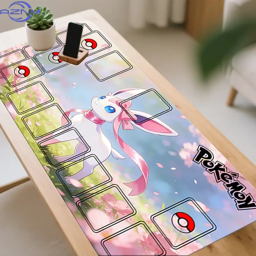 Sylveon Cherry Blossom TCG Playmat Large Mousepad, Rubber Non Slip Trading Card Game Desk Mat, Anime Table Pad with Game Zones f