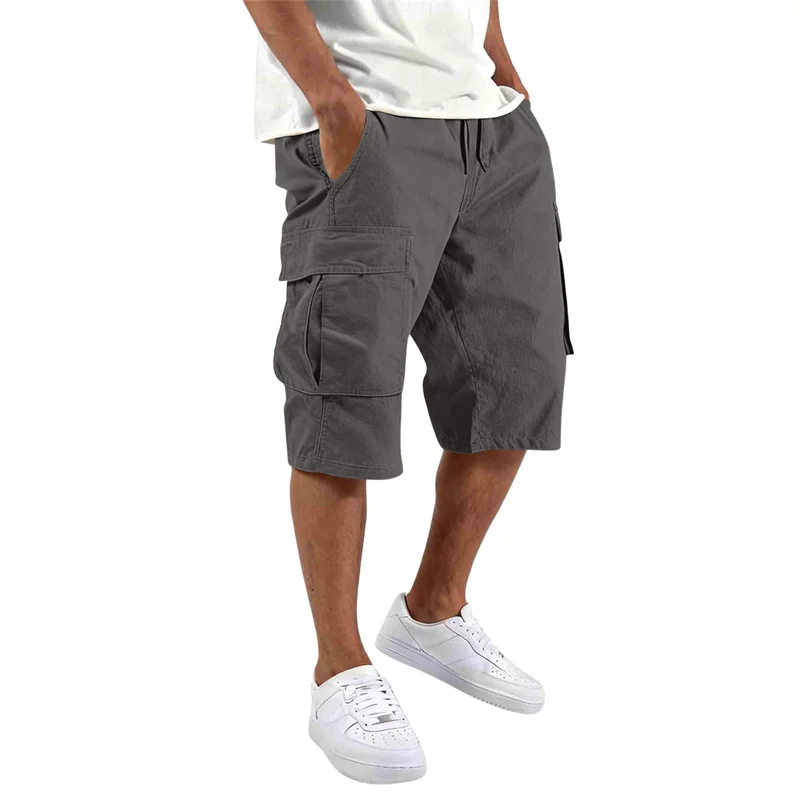 2026 Summer men loose straight pants Casual multi-pocket Shorts pure color fashion Men Shorts drawstring daily cargo short pants