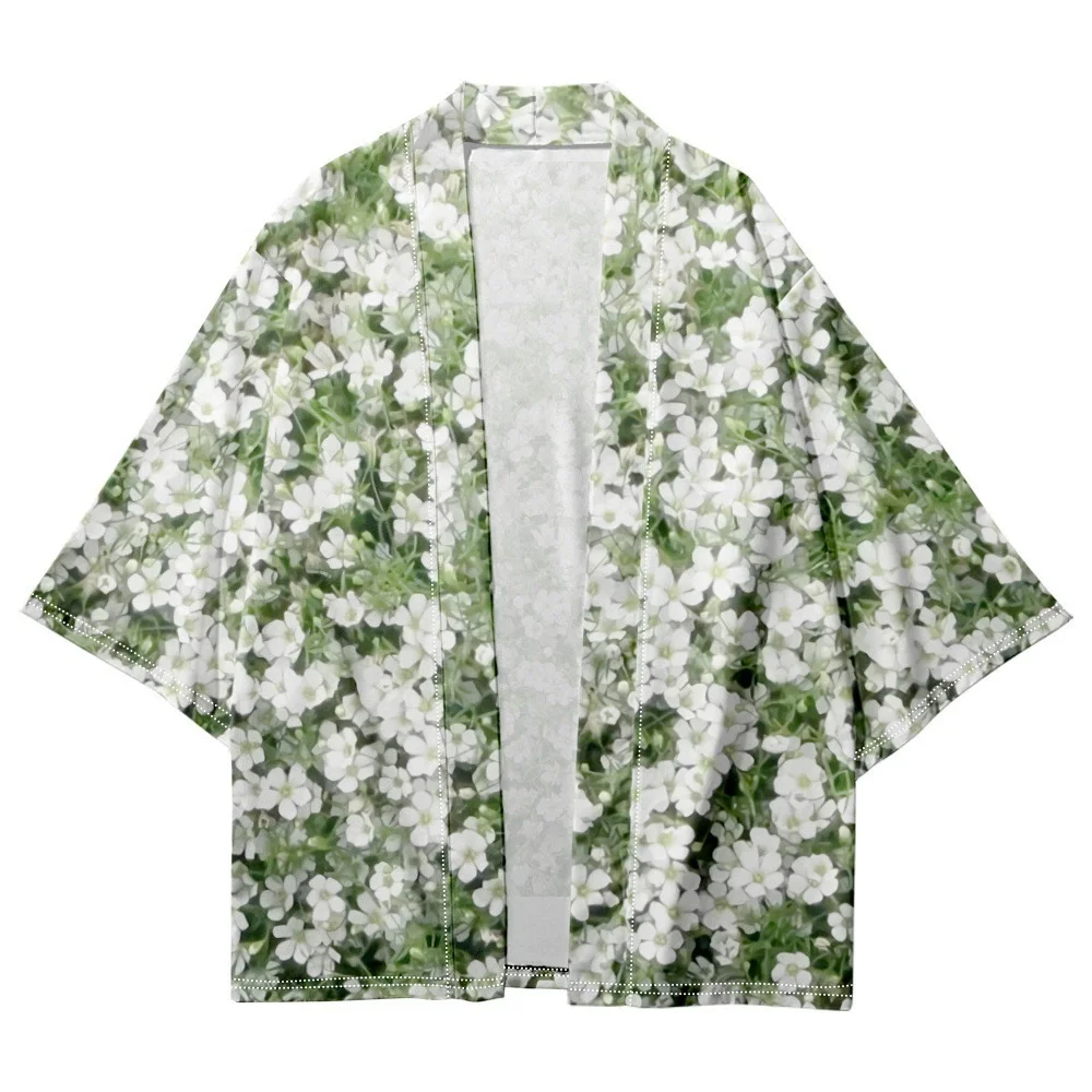 Traditional Japanese Women's Kimono Cardigan White Flower & Leaf Pattern Open Front Cover-Up Lightweight Loose Spring Blouse