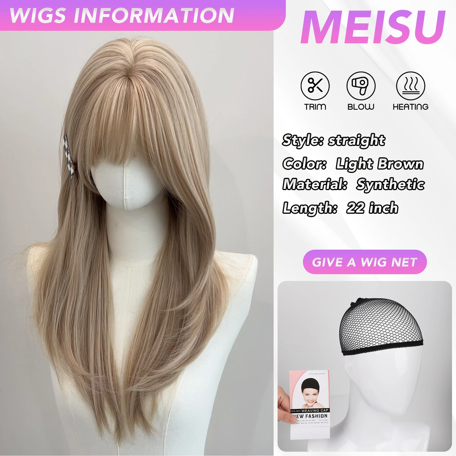 MEISU 22 Inch Synthetic Air Bangs Wig Straight Layered Straight Wigs Fiber Heat-resistant Party or Selfie For Women Daily Use