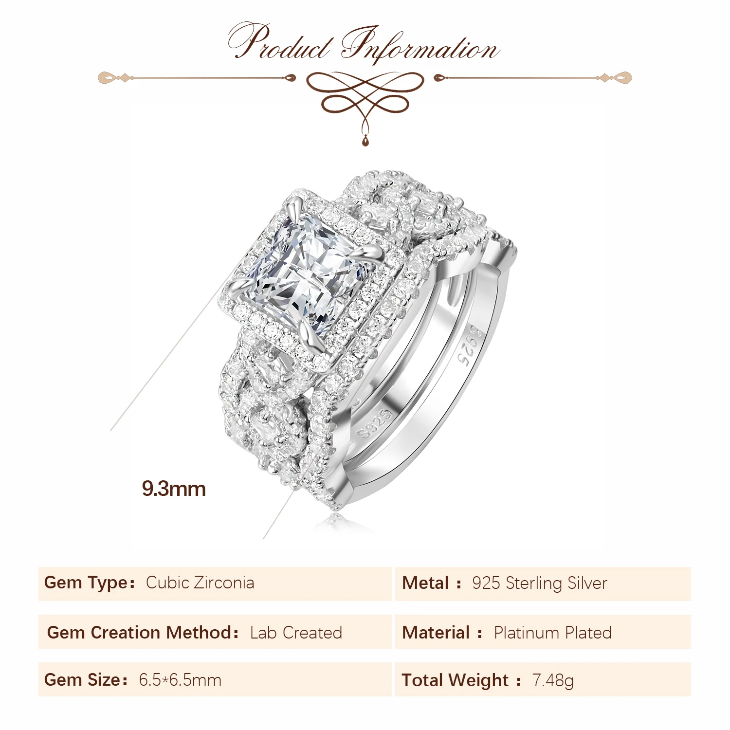 Potiy 3-częściowy zestaw pierścionków zaręczynowych i ślubnych z srebra próby 925 dla kobiet, 2.9ct, szlif princess, AAAAAA CZ, modna biżuteria — zdjęcie 6