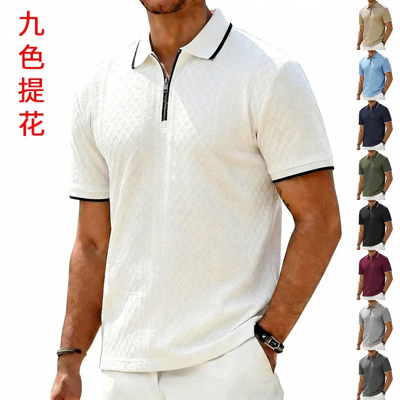 Short Sleeve Shirt Loose Fit Shirts Olive Green Jacquard Tee Light Blue Trim Men'-shirt Zipper Collar Herringbone Pattern
