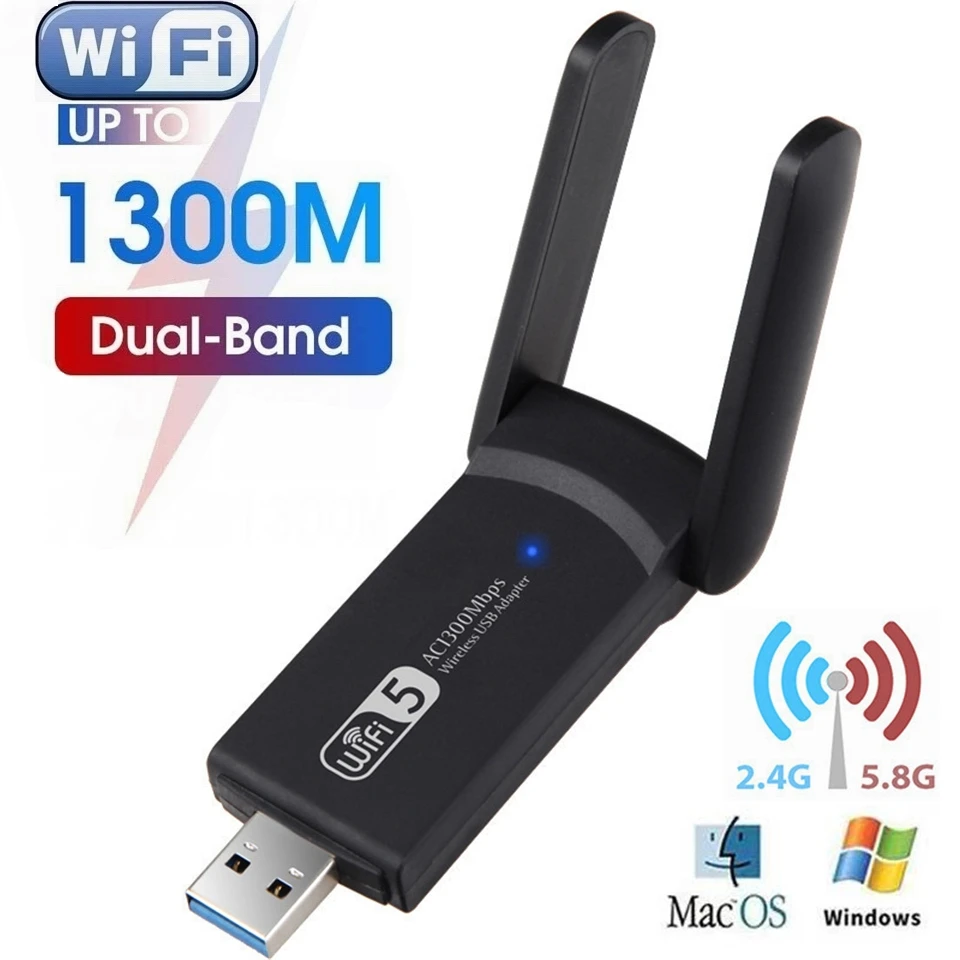 2 in 1 USB 3.0 WiFi Bluetooth Wireless Adapter, 1300Mbps Dual Band 2.4/5Ghz Wireless Network card Receiver AC1300 WiFi 5 Dongle