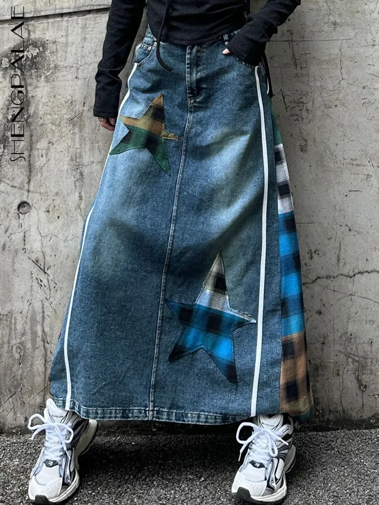 SHENGPALAE 2025 New Patchwork Contrast Color Denim Dress Women High Waist Mid Length Loose Casual Fashion Clothing 5ZD1046