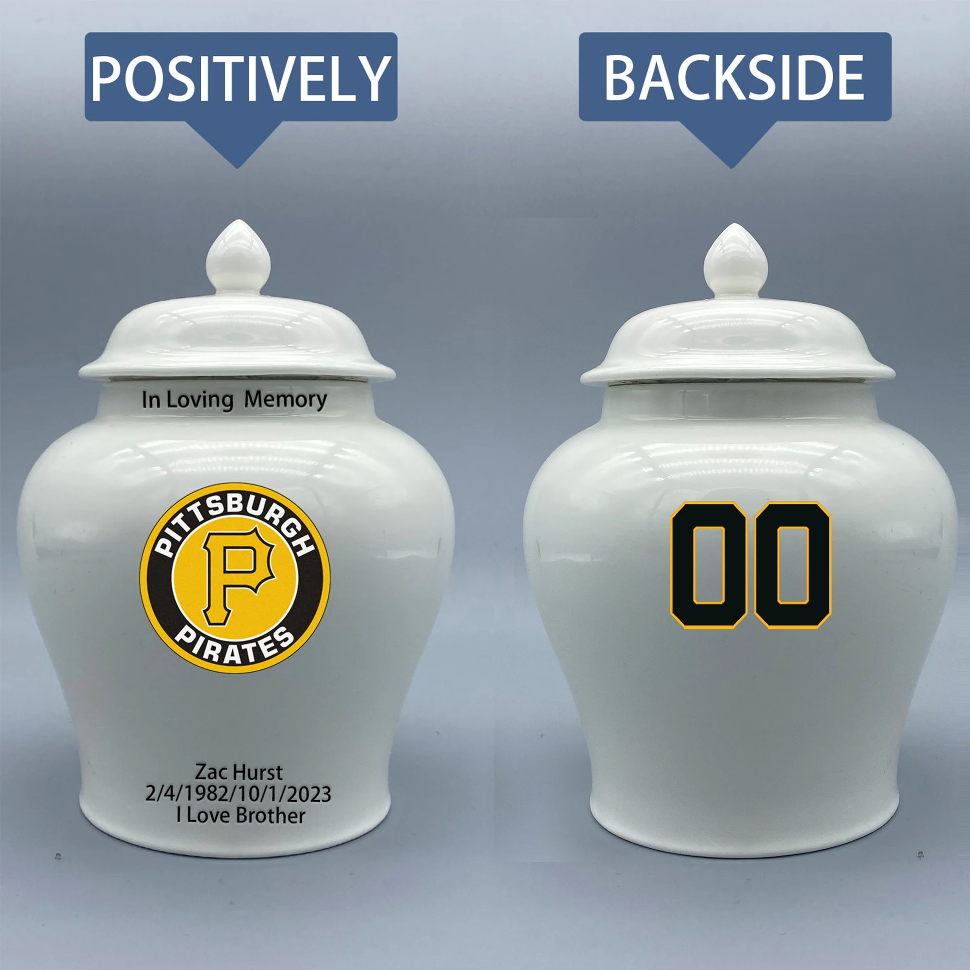 

Medium Urn for Pittsburgh Pirates-themed Logo Urn.Please send me the customize information-name/date and number on the urn