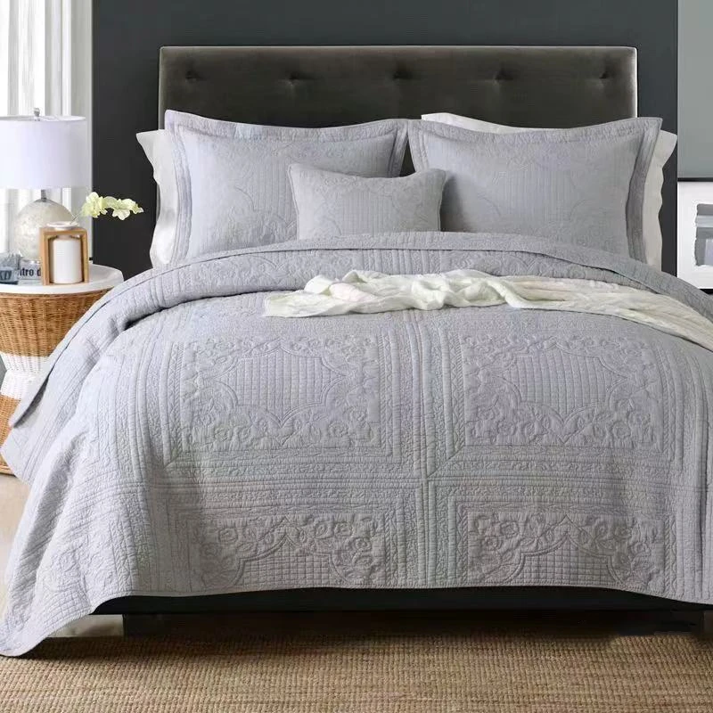 3pcs Pure Cotton Bedspread Quilted Bed Cover Set  Queen King Size Quilt Blanket Solid Color Coverlet Pillowcases Non-slip Sheet