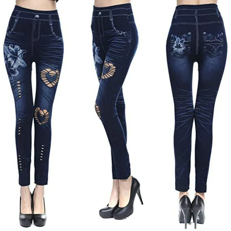 

2024 Autumn Winter Seamless Cotton Imitation Denim Leggings Hollow Sexy Wrapped Pants