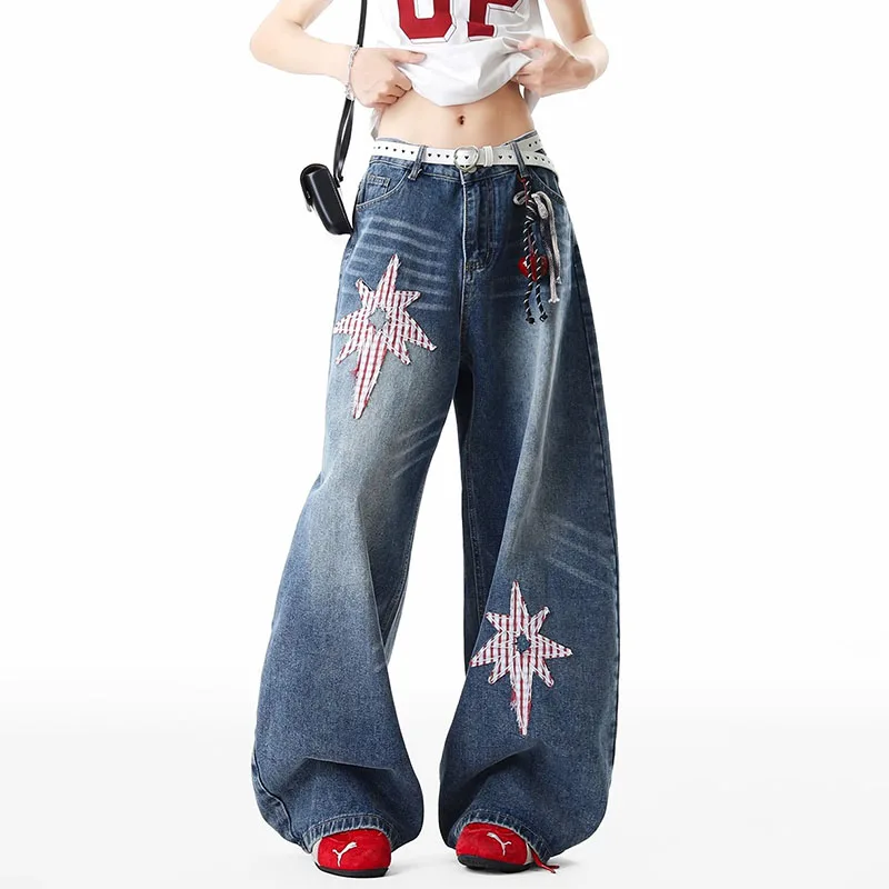 Korean Version Dimensional Star Jeans Design Sense Straight Leg Pants Women'S Wide Leg Pants Fashion Casual Loose Pants