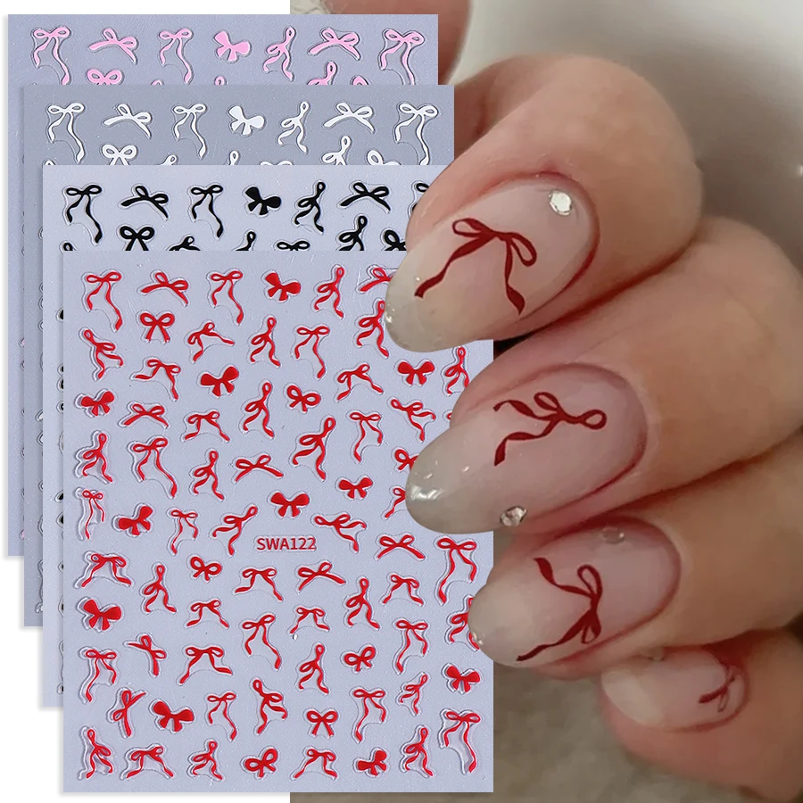 4pcs Bowknot สติกเกอร์เล็บกาวริบบิ้นลูกไม้โบว์ออกแบบเล็บสติ๊กเกอร์ Sliders DIY ตกแต่งเล็บหรูหรา