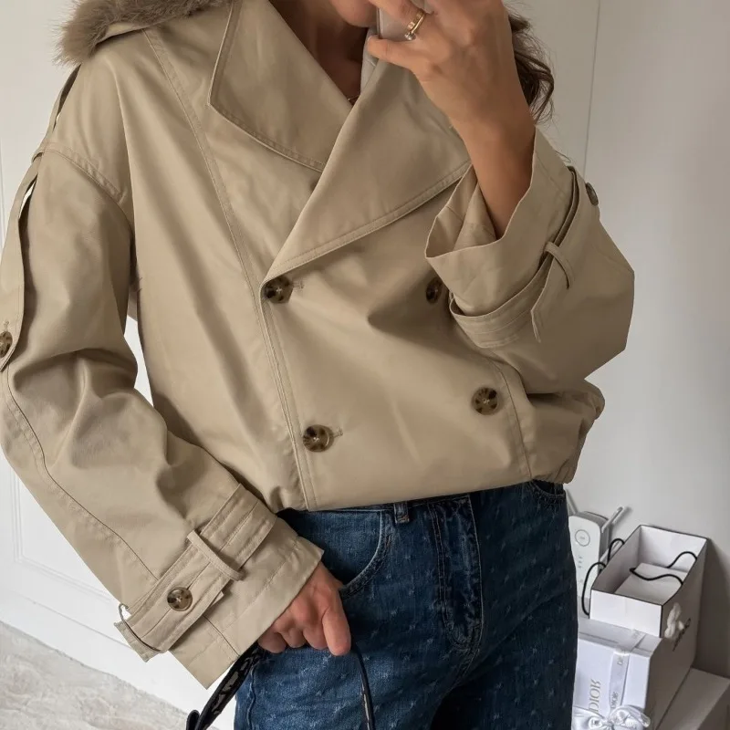 Elegance.Popular Autumn and Winter New Women's Fashion Short Wool-neck Waterproof Windbreaker in Solid Color and Versatile Coat.
