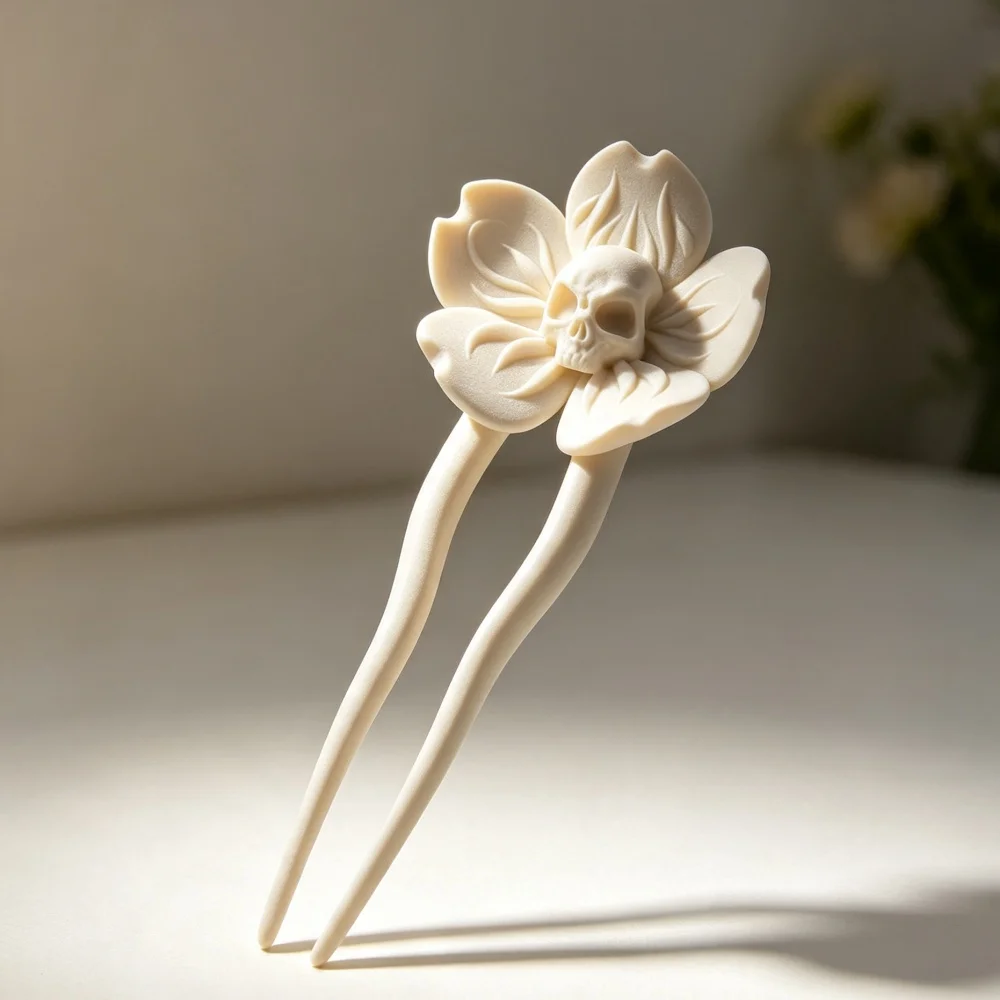 3D Printed Skull Flower Hair Fork Minimalist Gothic Hairpin For Women Daily Wedding Gift Decor