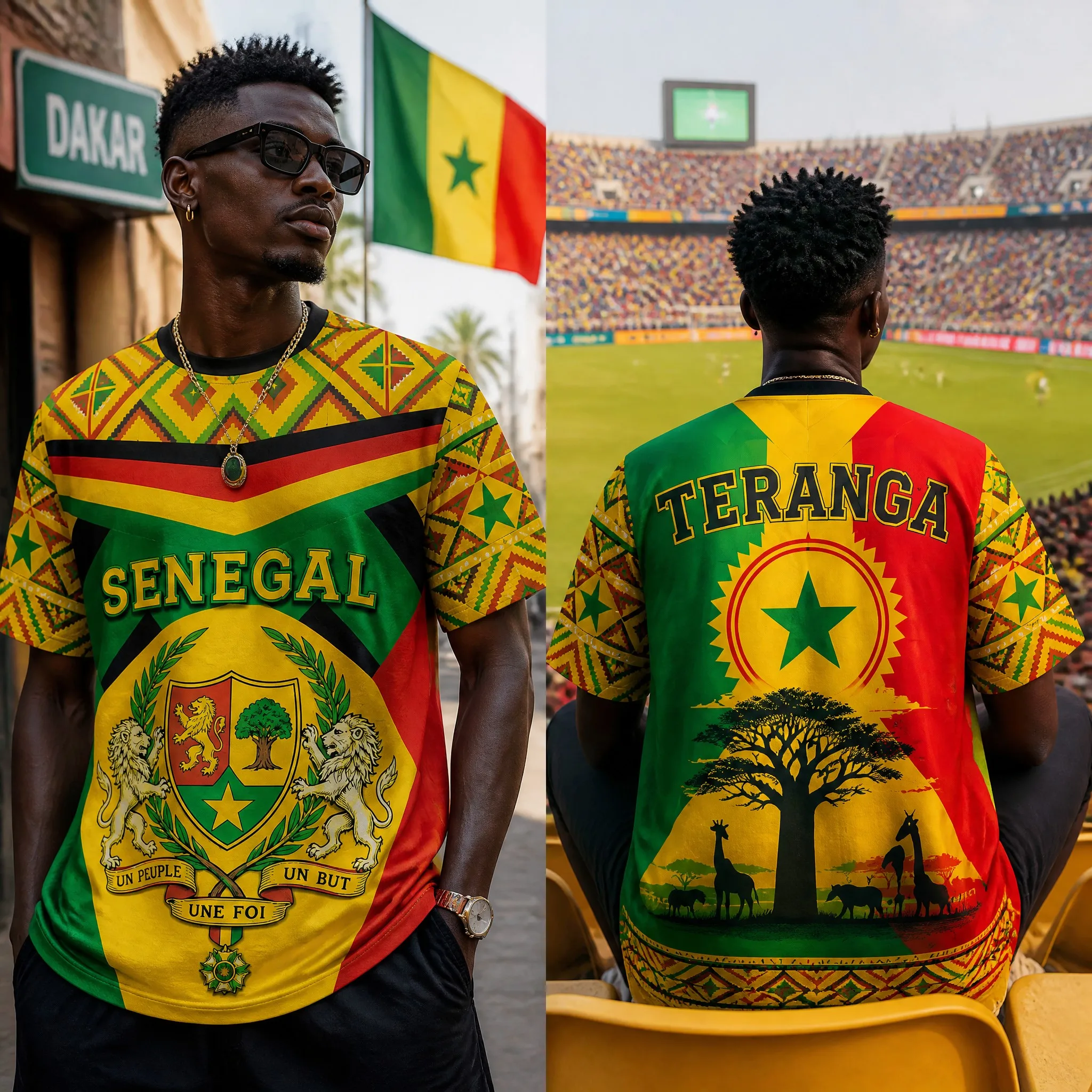 Senegal Mens Crest Safari Teranga Graphic Tee Multicolor Short Sleeve Fan Shirt Street Stadium Casual Pride Top Urban Travel Fit