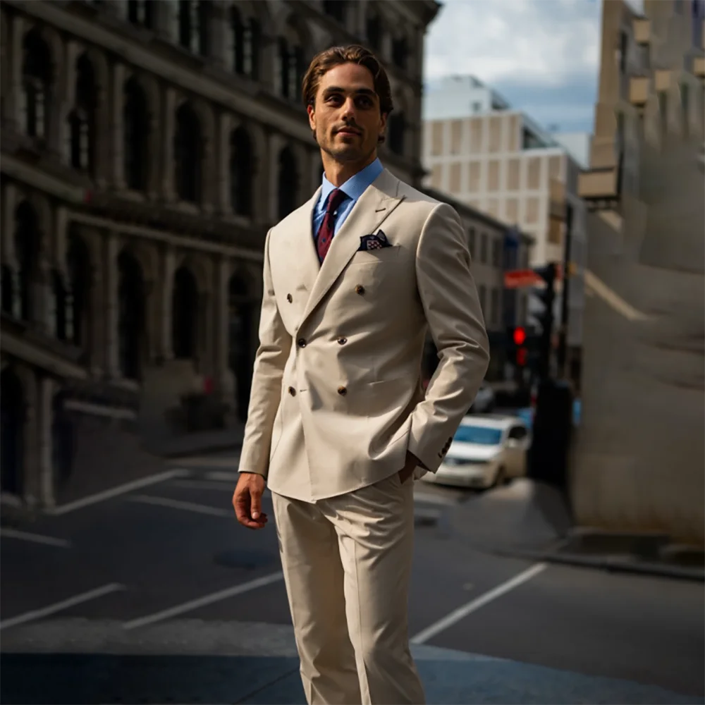 Elegant British-style Men's Suit Beige Double Breasted Male 2 Piece Jacket+Pants Set Slim Fit Wedding Business Formal Outfit