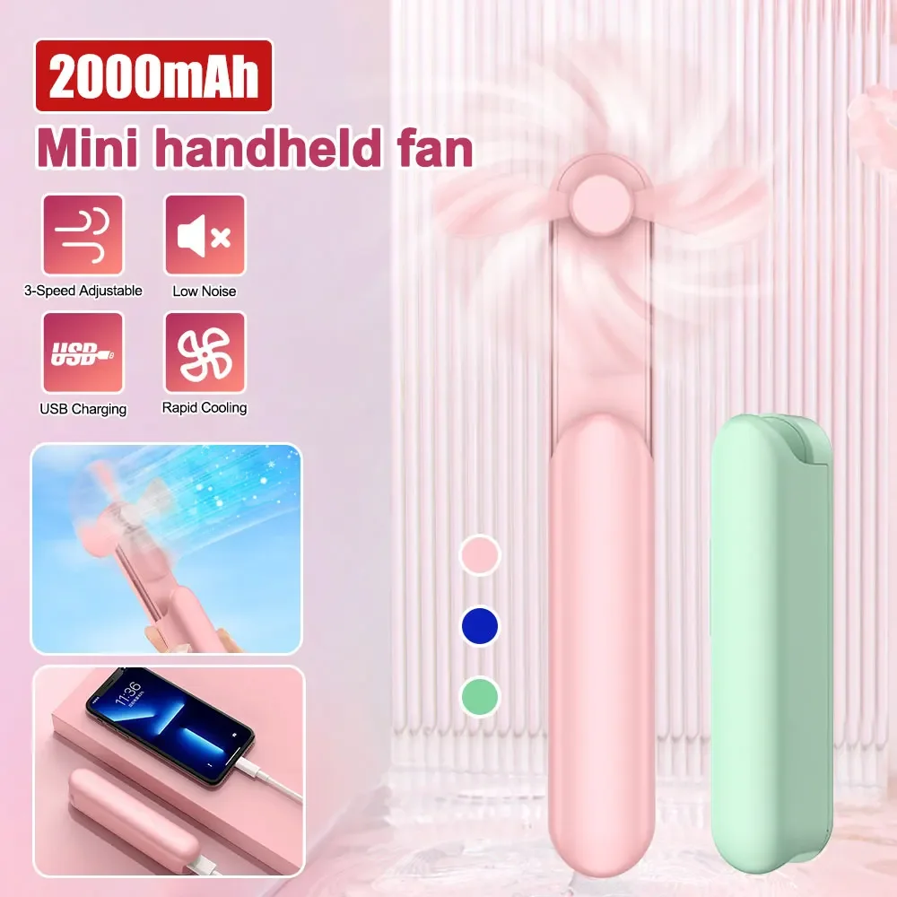 2000mAh Mini Portable Fan USB Rechargeable Handheld Desktop Fan Quiet Foldable Office Home Handy Power Bank Cooler Collapsible