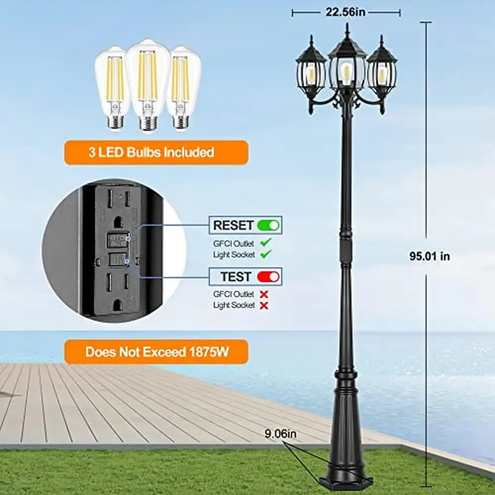 Outdoor Lamp Post Light with GFCI Outlet 3-Head Glass Panels IP65 Waterproof 3 LED Bulbs Included Auto On/Off Electric Pole