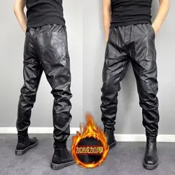 Faux Leather Trousers Drawstring PU Joggings Trousers For Male Waterproof Men`s Winter Warm Faux Leather Harem Pants
