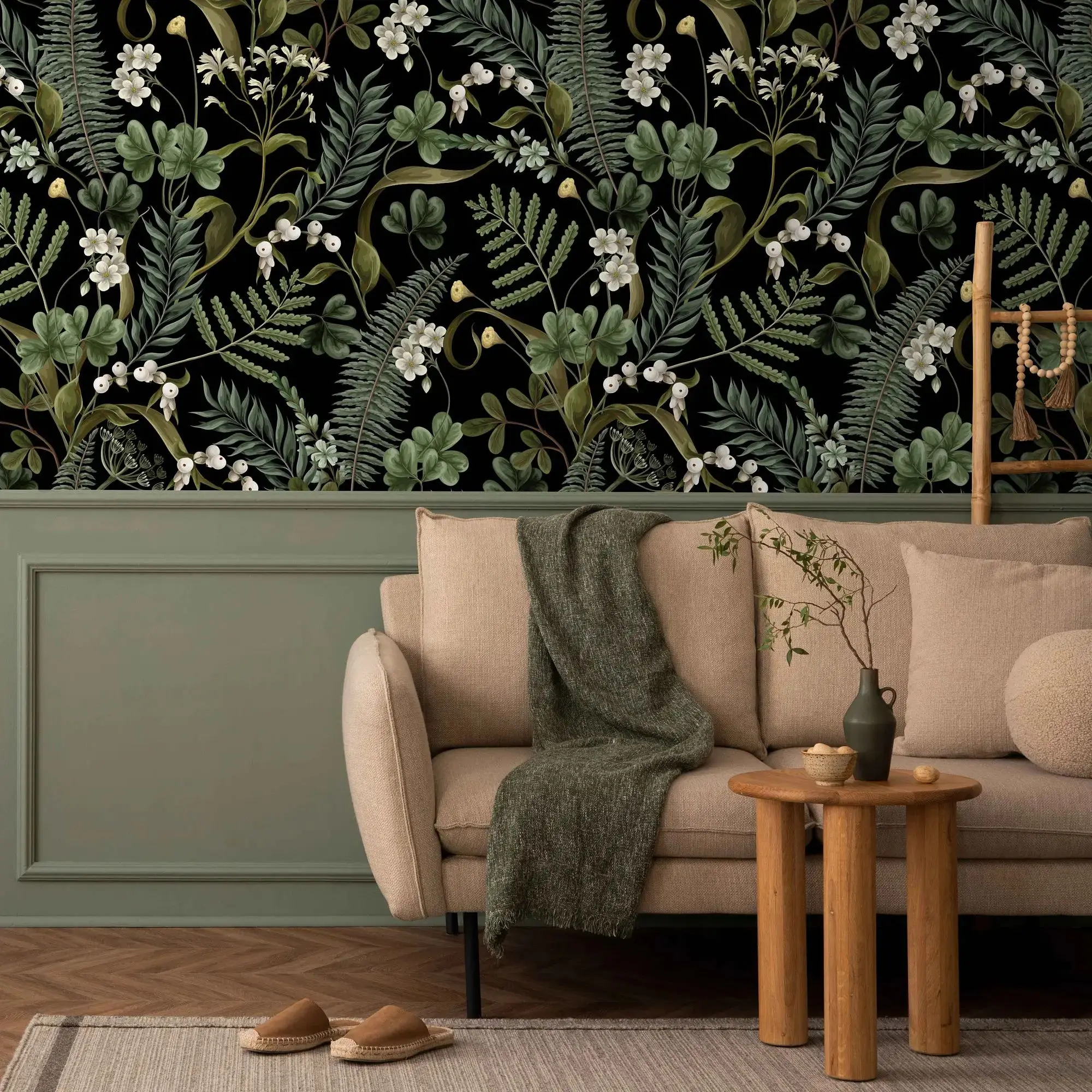 Fern Botanical Wallpaper,Dark Botanical Wall Mural For Home Decor,Vintage Wallpaper Peel and Stick, Self-adhesive Or Traditional