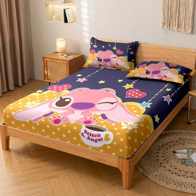 3-piece cartoon anime Stitch pattern matte three piece fitted sheet set, bedroom printed bed cover set, bedding