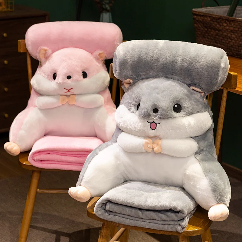 Kawaii Cartoon Hamster Plush Back Blanket 2-in-1 Pink Grey Hamster Super Soft High Quality Plush Cushion Gift For Office Workers